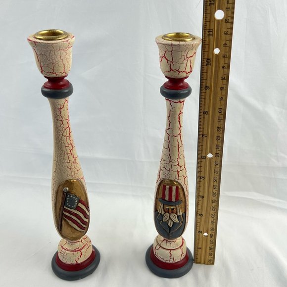 1998 Whispering Pines Lori Miller Pillar Candle Holders American Patriot Carved - Picture 10 of 11